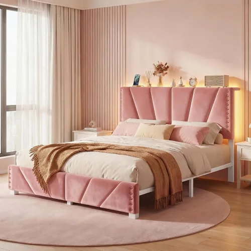 Vista 10 de EnHomee Base de cama individual con luces LED y USB, sin ruido, color beige