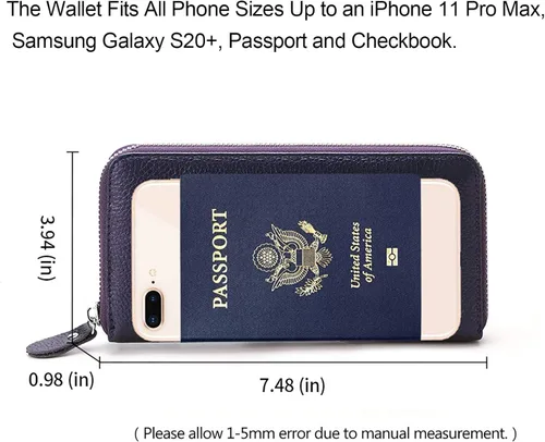 Vista 4 de Moflycom Cartera para mujer con bloqueo RFID, de piel auténtica, con cremallera alrededor, cartera de mano, cartera de mano, cartera larga de viaje