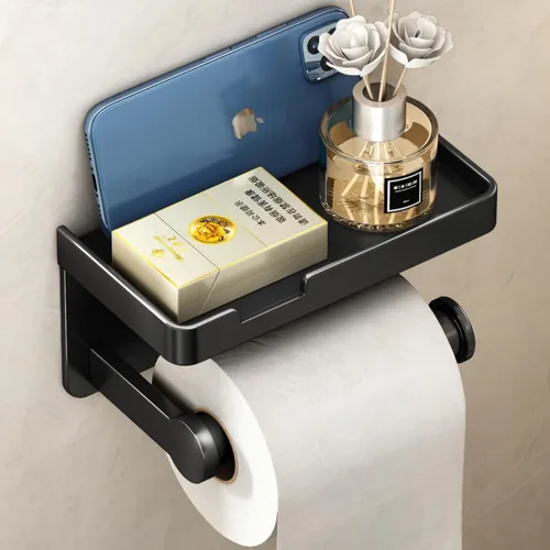 Vista 9 de VOLDRA Soporte de papel higiénico con estante negro dispensador de toallitas para baño Soporte de papel higiénico con cajón de diseño