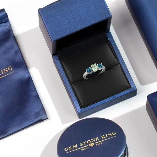 Vista 5 de Anillo de plata de ley 925 de 1,87 quilates con topacio azul ovalado y plata de ley 925 de 3 piedras para mujer