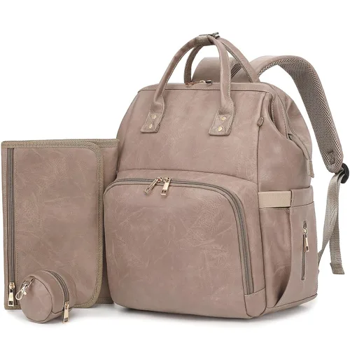 Vista 10 de ROSEGIN Mochila para pañales de piel vegana prémium con cambiador impermeable - Costuras y cremalleras reforzadas, bolsa de bebé para niño y niña