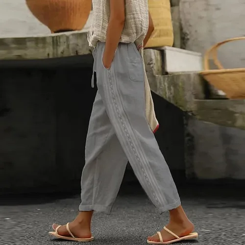 Vista 2 de longantii Pantalones deportivos para mujer, accesorios de yoga, pantalones holgados con borde de encaje, color sólido, pantalones casuales retro