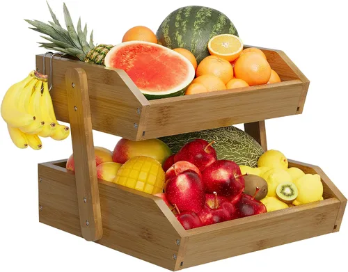 Vista 13 de Cesta de frutas de bambú de 2 niveles para encimera de cocina, encimera de almacenamiento de frutas de gran capacidad, soporte para frutas