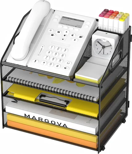Vista 11 de Bandeja de papel para cartas, organizador de escritorio de 4 niveles con soporte para bolígrafo y asa, organizador de archivos de malla