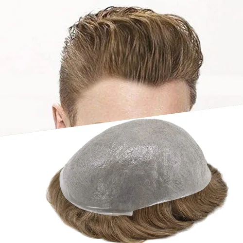 Vista 30 de Toupee para hombres piel fina 0.001 in Toupee V-looped Remy sistema de cabello humano pu mens hairpieces línea capilar invisible para pérdida