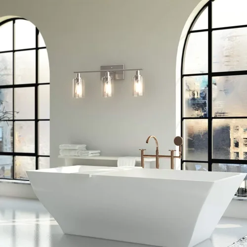Vista 2 de Tangkula Lámparas de tocador de baño de 3 luces, apliques de pared modernos con pantalla de vidrio transparente con base E26, iluminación de pared