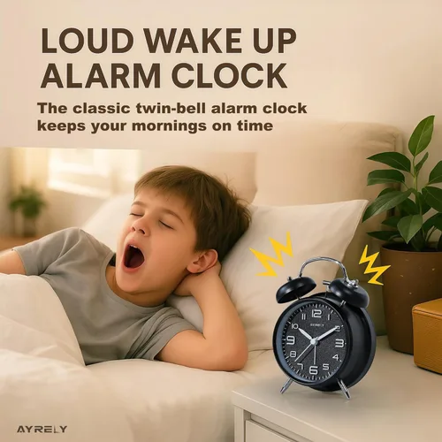 Vista 3 de AYRELY® Reloj despertador de campana doble súper fuerte para adultos de sueño pesado, 4 pulgadas, retro, silencioso, sin tictac, con luz nocturna