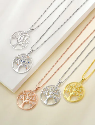 Vista 5 de YL - Collar con dije de árbol de la vida de plata esterlina con piedras preciosas y chapado en oro blancorosado
