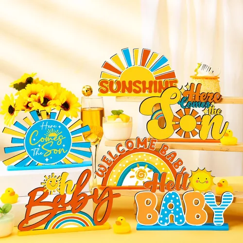 Vista 3 de 6 piezas Here Comes the Son - Decoraciones de baby shower, centro de mesa retro bohemio para decoración de mesa de madera, decoración de baby Azul