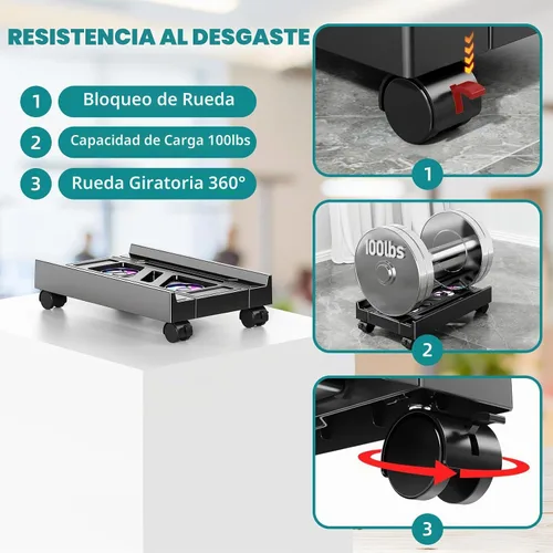 Vista 4 de Soporte ajustable para CPU con ventilador de refrigeración y luz RGB, soporte de CPU móvil con 4 ruedas rodantes, soporte de torre de computadora