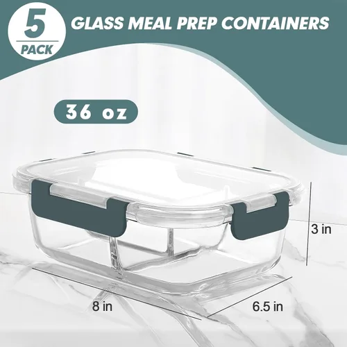 Vista 4 de KOMUEE Recipientes de vidrio para preparación de comidas, 3 compartimentos, paquete de 5 recipientes de vidrio de 36 onzas, recipientes