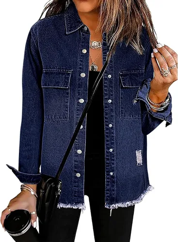 Vista 7 de Chaqueta de mezclilla para mujer, chaqueta de jean desgastada de gran tamaño para mujer, tendencia