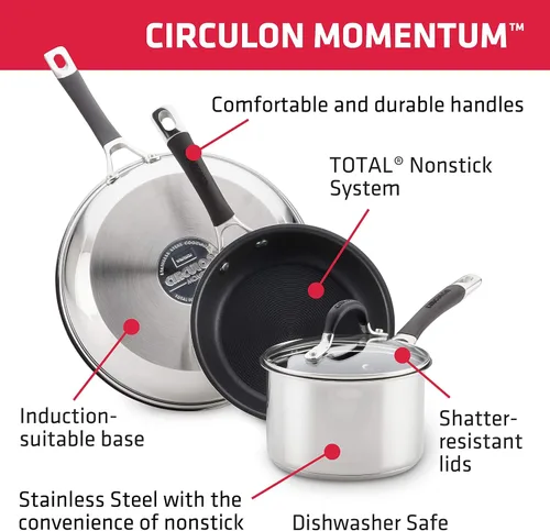 Vista 6 de Circulon Momentum - Sartén de acero inoxidable con tapa, 2 cuartos de galón, color plateado