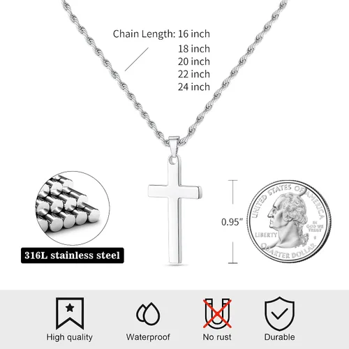 Vista 6 de LUXEJEW Collar de cruz para hombres y niños, cadena de cuerda de acero inoxidable plataoronegro, collar con colgante de cruz, joyería para hombre