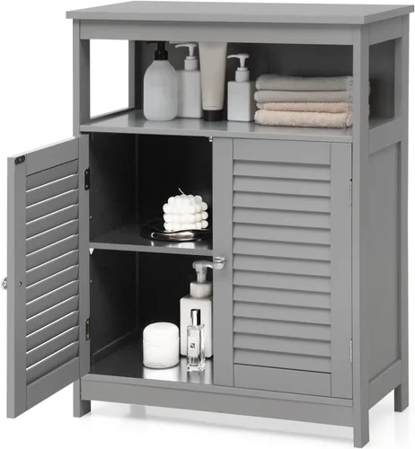 Vista 10 de COSTWAY Armario de almacenamiento para baño, organizador de almacenamiento lateral de madera con puertas de rejilla y estante extraíble, gabinete