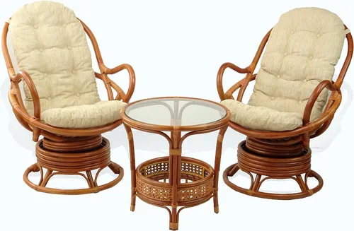 Vista 6 de Salón giratorio mecedora Java silla natural hecha a mano mimbre de ratán con cojín crema, coñac