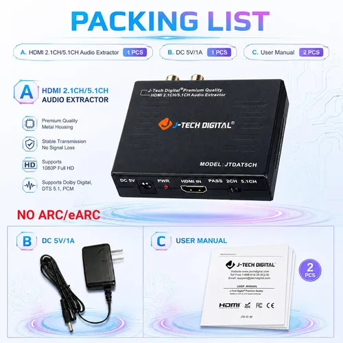 Vista 5 de J-Tech Digital Premium Quality 1080P HDMI a HDMI + Audio (SPDIF + RCA estéreo) Convertidor y extractor de audio (JTDAT5CH)