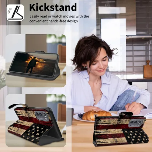 Vista 3 de Funda para Motorola Edge 2022 con protector de pantalla, soporte y tarjetero y correa para la muñeca, funda magnética para Moto Edge 2022 5G UW