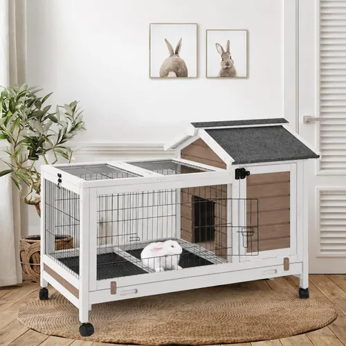 Vista 14 de GUTINNEEN Jaula para conejos, interior y exterior, casa para conejos de 2 pisos con ruedas, jaula de madera con 2 bandejas extraíbles para cobayas