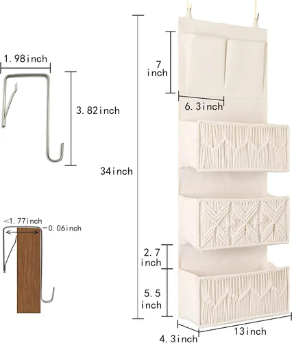 Vista 2 de FEILANDUO Organizador de armario de macramé bohemio con 3 bolsillos grandes tejidos detrás de la puerta organizador para guardería, despensa, baño