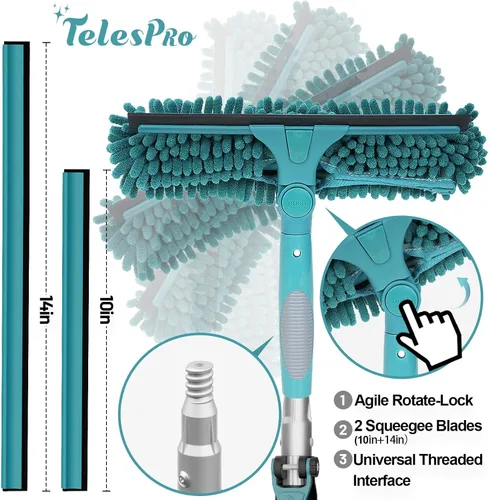 Vista 2 de TelesPro Escobilla de ventana de alto alcance de 20 pies con poste de extensión de 5 a 12 pies, herramienta de limpieza de ventanas con poste