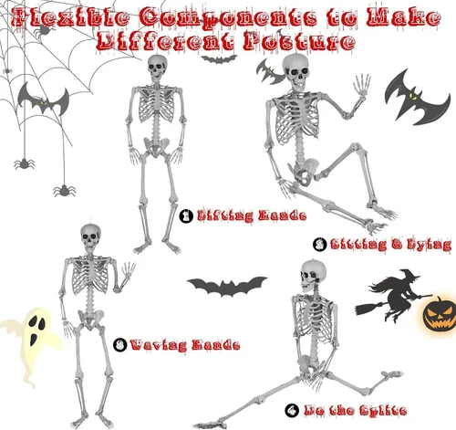 Vista 9 de Esqueleto de tamaño real para decoración de Halloween, esqueleto de Halloween de 5.4 pies, esqueleto colgante con articulaciones móviles, huesos