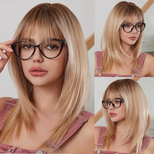 Vista 20 de Pelucas rubias cenizas para mujer, peluca larga recta en capas con flequillo, cabello sintético natural con raíces oscuras