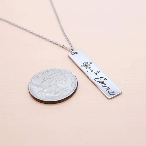 Vista 5 de Personalized Flower Name Bar Pendant Necklace Custom Engraved Jewelry Gift for Her Couples Girlfriend Delicate Handcrafted Accessory Mother Daughter