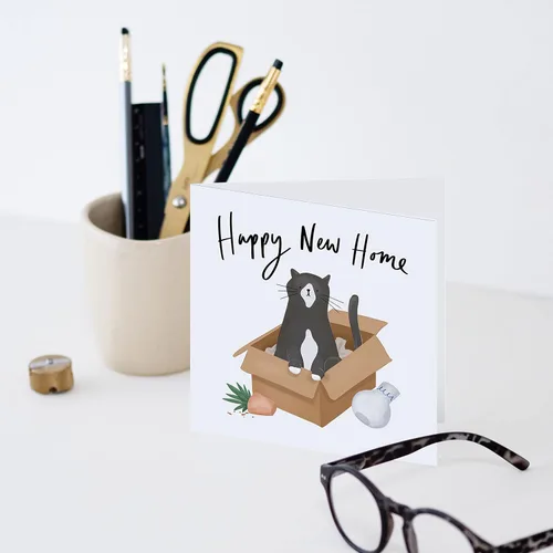 Vista 2 de Old English Co. - Tarjeta de gato Happy New Home, divertida y linda tarjeta de día de mudanza de gatito para hombres y mujeres, inauguración