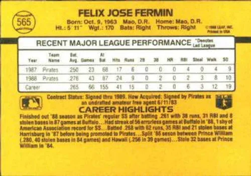Vista 2 de 1989 Donruss Baseball #565 Felix Fermin Pittsburgh Pirates DP Official MLB Trading Card