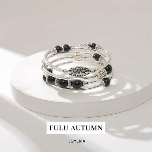 Vista 5 de FULU AUTUMN Pulseras apilables con cuentas para mujer, pulsera bohemia de plata envolvente, joyería de moda en capas, regalos para ella 17-negro