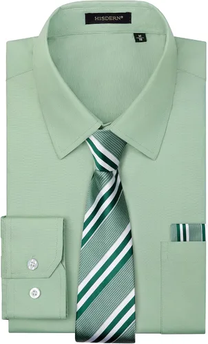Vista 81 de HISDERN Mens Dress Shirt with Tie Pocket Square Set Classic Button Down Shirt Matching Tie Long Sleeve Shirts 08-verde