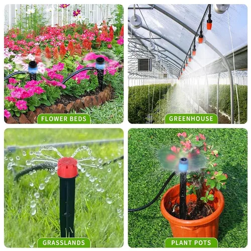 Vista 6 de Kit automático de riego por goteo para invernadero, patio y jardín, sistema de riego por micronebulización con boquillas ajustables, temporizador