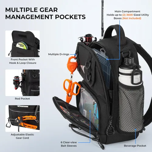 Vista 3 de KastKing Bolsa de Pesca con Eslinga BaitSpace, Mochila de Pesca con Soporte para Caña y Bebidas, Bolsa de Aparejos para Equipo de Pesca