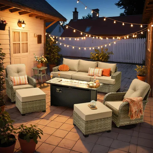 Vista 62 de HOOOWOOO Juego de Muebles Seccionales para Patio al Aire Libre, 6 Piezas Juegos de Conversación de Mimbre Sofá en Forma de L, Sofá Extra Profundo