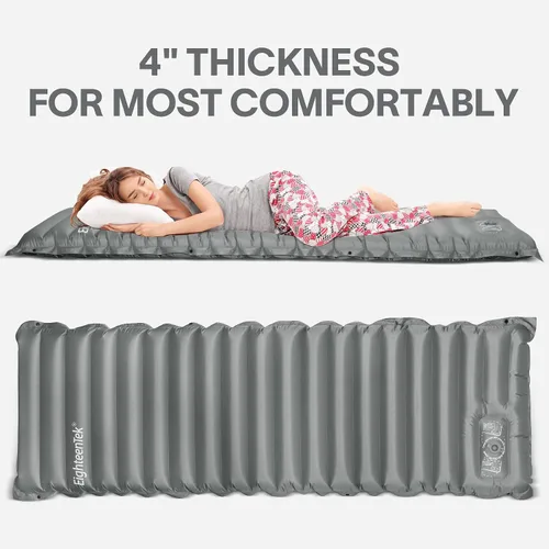 Vista 3 de EighteenTek® Alfombrilla para dormir para camping, almohadilla gruesa de 4 pulgadas, bomba de pie incorporada, almohadilla de dormir autoinflable