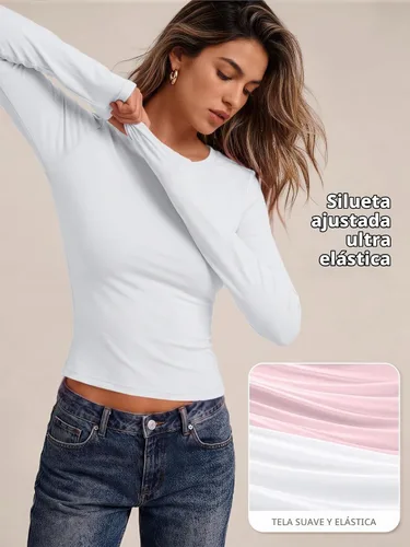 Vista 7 de AUTOMET - Camisetas ombligueras de manga larga para mujer, básicas, de compresión, para salir, otoño, ropa de moda del año 2000 Blanco