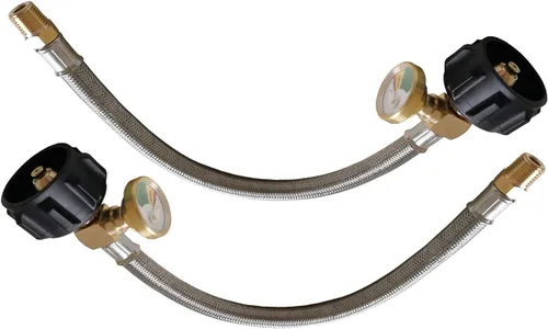 Vista 2 de METER STAR 2 mangueras de propano de 12 pulgadas (1.0 ft) de 1/4 pulgadas NPT RV Pigtail con calibre, conector de manguera trenzada de acero