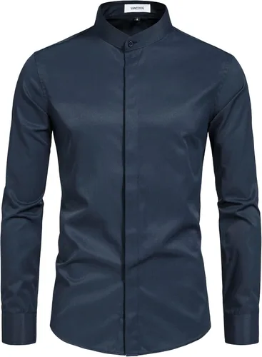 Vista 9 de Camisas de vestir con cuello mandarín para hombre, manga larga, estilo casual, elegantes y de un solo color Negro