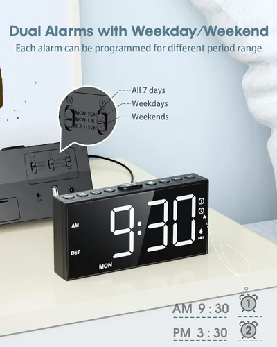 Vista 3 de Reloj despertador ruidoso para personas que duermen con vibración con agitador de cama de 10000 RPM, pantalla LED de 7.5 pulgadas, modo día/fin