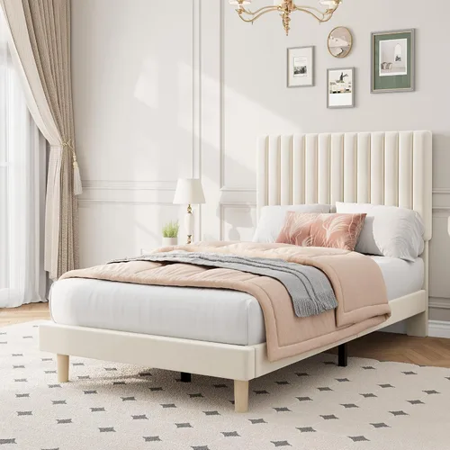 Vista 3 de IDEALHOUSE Base de cama individual con cabecera ajustable, plataforma tapizada de terciopelo, marco de cama tamaño individual, canal vertical Beige