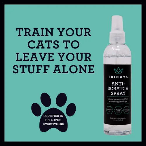 Vista 4 de TriNova Spray disuasorio antiarañazos para gatitos y gatos, impregnado con romero, evita que los gatos arañen muebles, sillones y más, uso