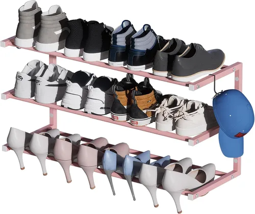 Vista 14 de Zapatero para montar en la pared, zapatero colgante de 3 niveles con capacidad para 12 pares, organizador de zapatos de metal resistente ajustable
