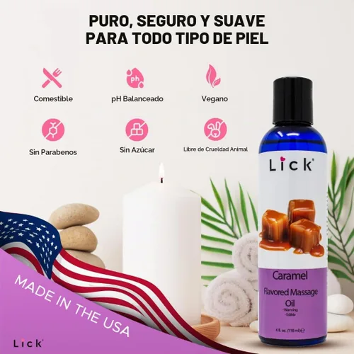 Vista 7 de Lick Aceite de masaje con sabor a caramelo, aceite de masaje comestible de postre cálido con vitamina E, textura suave y segura para el cuerpo