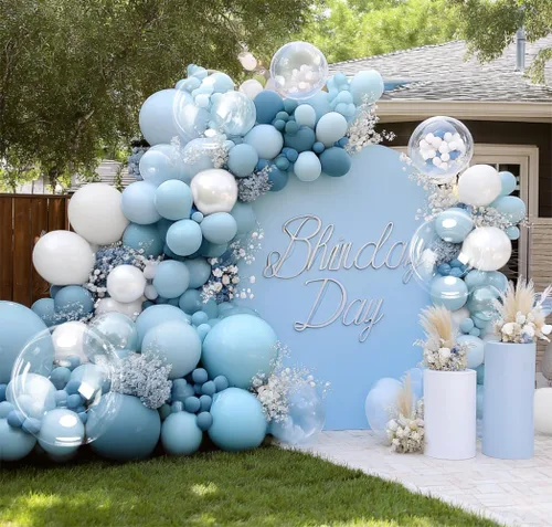 Vista 6 de Guirnalda de globos azul empolvado y blancos, kit de arco de globos Bobo de perlas azul claro con doble relleno para cumpleaños, baby shower, boda