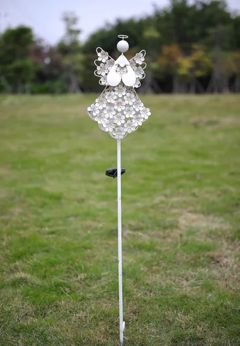 Vista 4 de WSgift Luces solares de ángel blanco para jardín, regalo conmemorativo de hortensias de metal con 27 LED, perfectas para recuerdo y simpatía