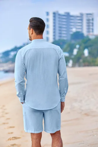 Vista 3 de COOFANDY Conjuntos de lino para hombre, 2 piezas, camisa de manga larga y pantalones cortos casuales con cordón en la cintura, trajes de verano