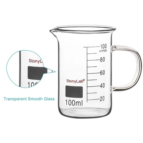 Vista 4 de stonylab Vaso de cristal con asa, vidrio de borosilicato graduado de forma baja con mango y boquilla de vertido, 3.4 fl oz
