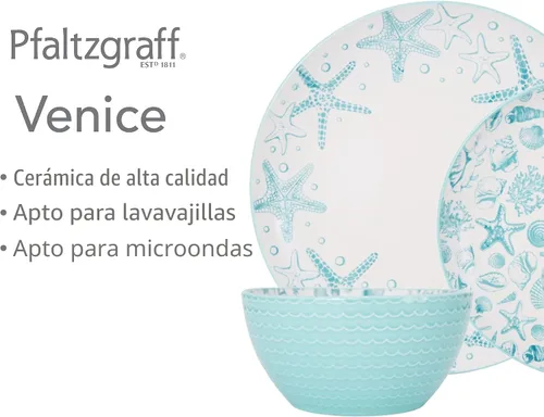 Vista 2 de Pfaltzgraff Venice - Juego de vajilla de gres de 16 piezas, servicio para 4, combinación de colores aqua y blanco, duradero y resistente a astillas