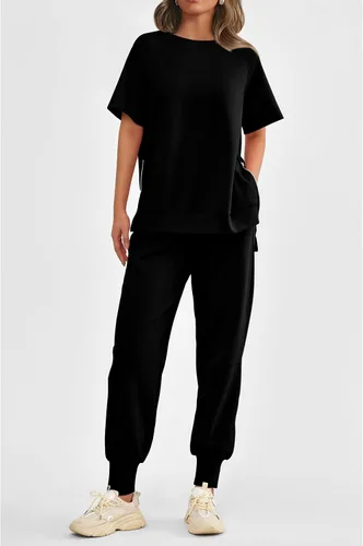 Vista 5 de PRETTYGARDEN Conjunto de 2 piezas de verano para mujer, conjunto deportivo casual de manga corta, pantalones deportivos de cintura alta
